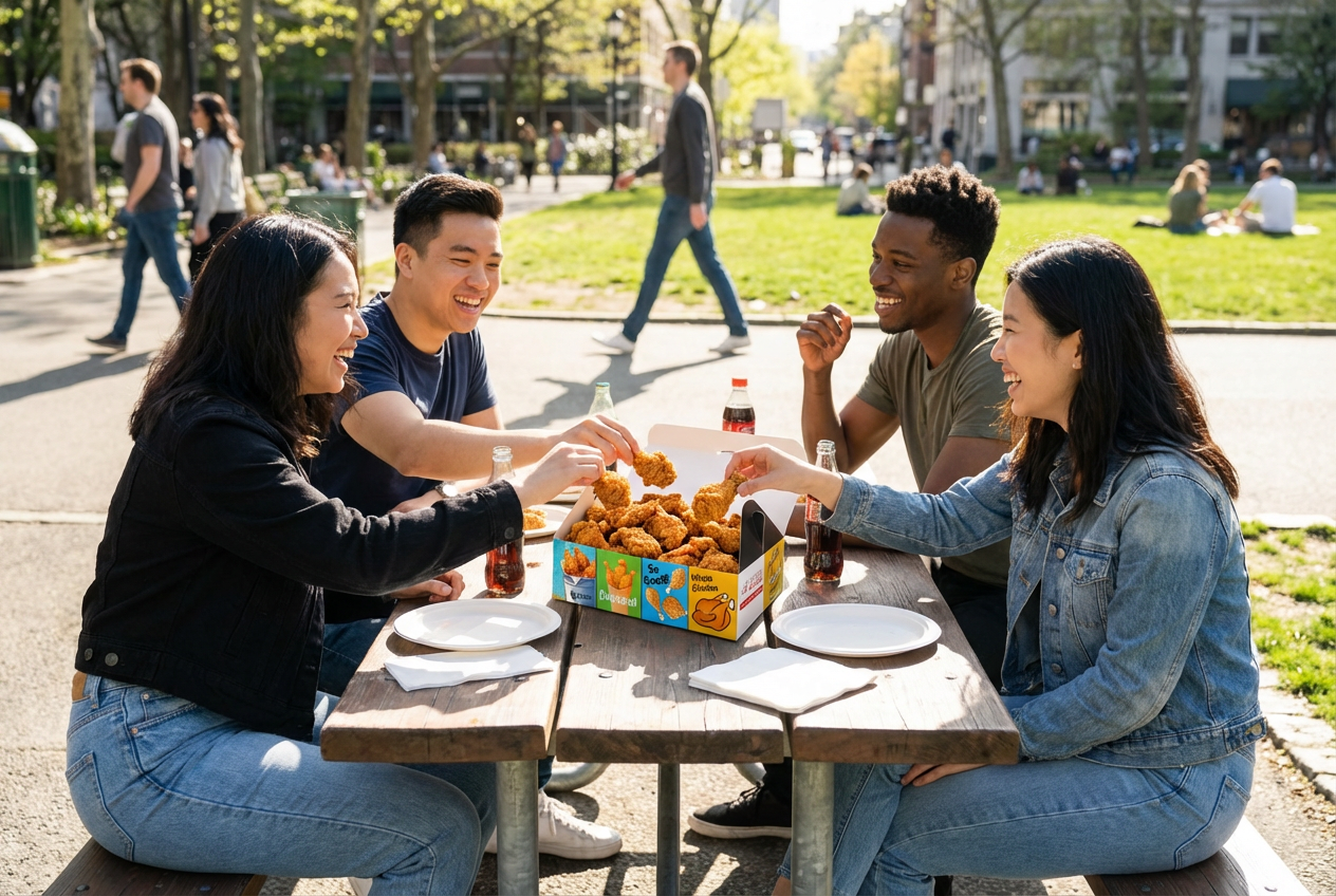 Jóvenes compartiendo pollo